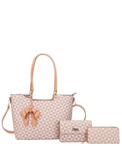 3in1 Designer Monogram Flower Tassel Handbag Wallet Set 007-8093W TAUPE